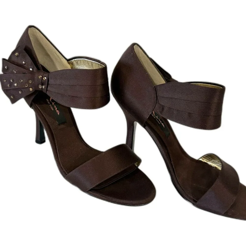 Nina New York Size 8 Brown‎ Satin Bow Slingback Heels Wedding Evening Shoes